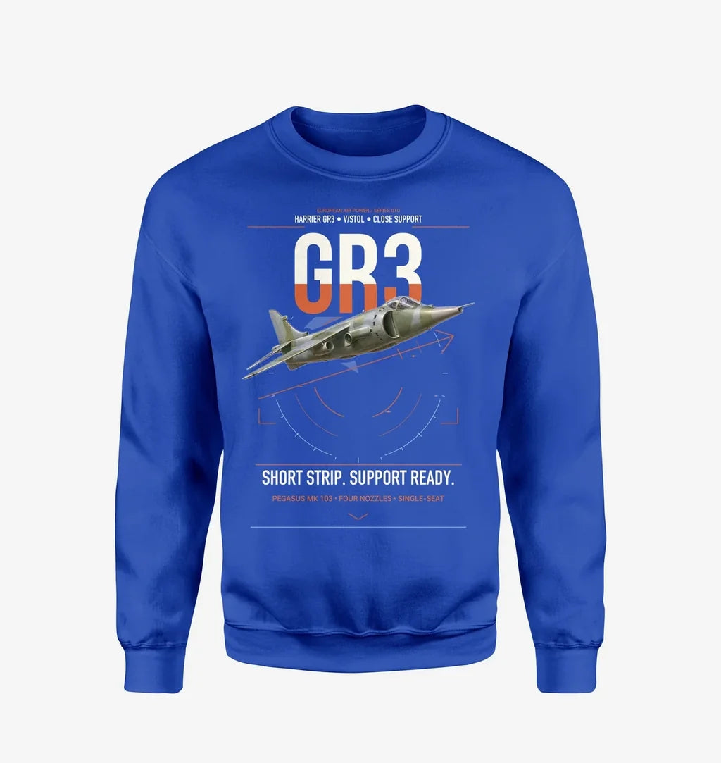 Hawker Siddeley Harrier GR3 design on blue sweatshirt