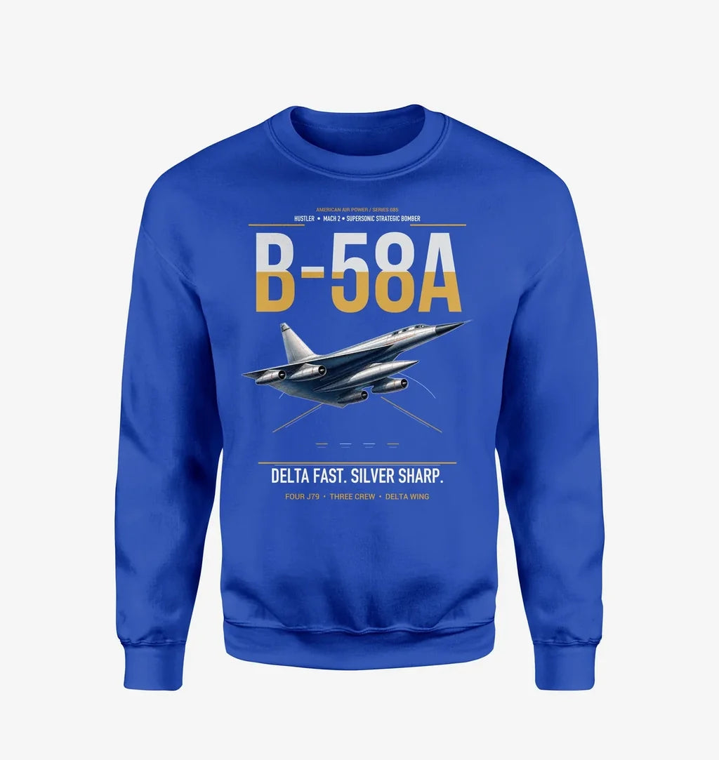 B-58A Hustler design on blue sweatshirt