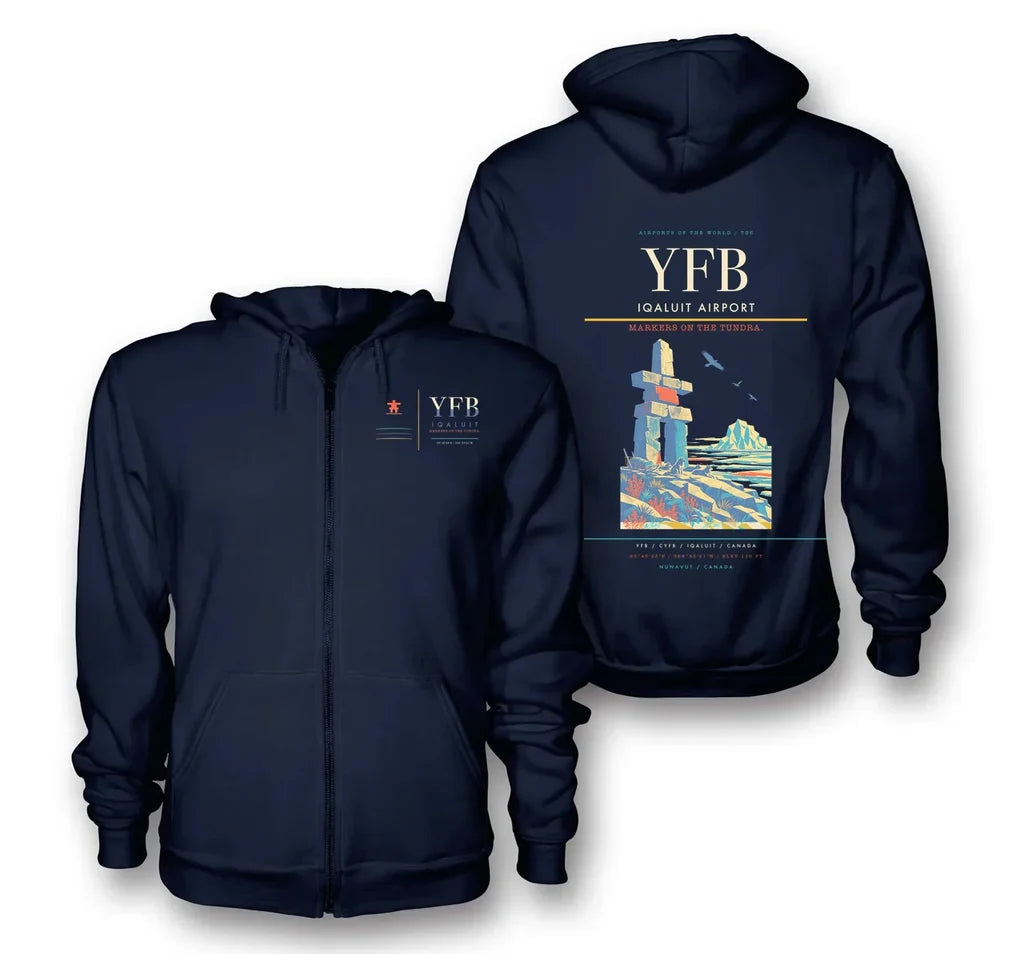 Iqaluit Airport (YFB) design on navy blue premium zipped hoodie