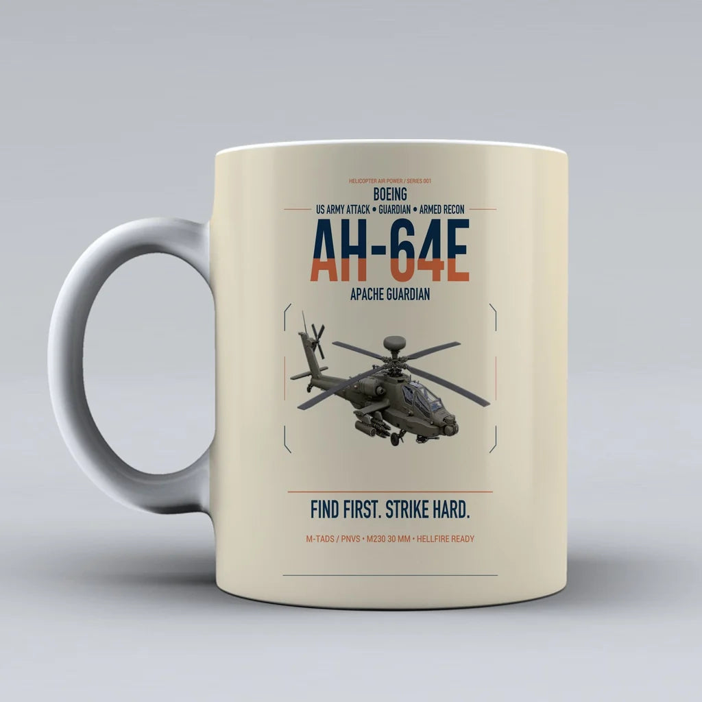 Boeing AH-64E Apache Guardian design on beige ceramic mug, double-side print