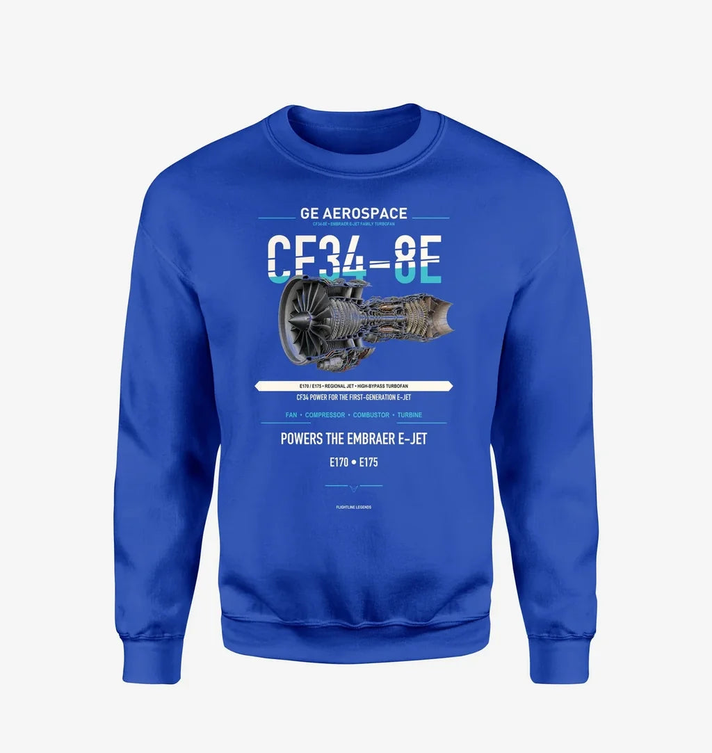 CF34-8E design on blue sweatshirt