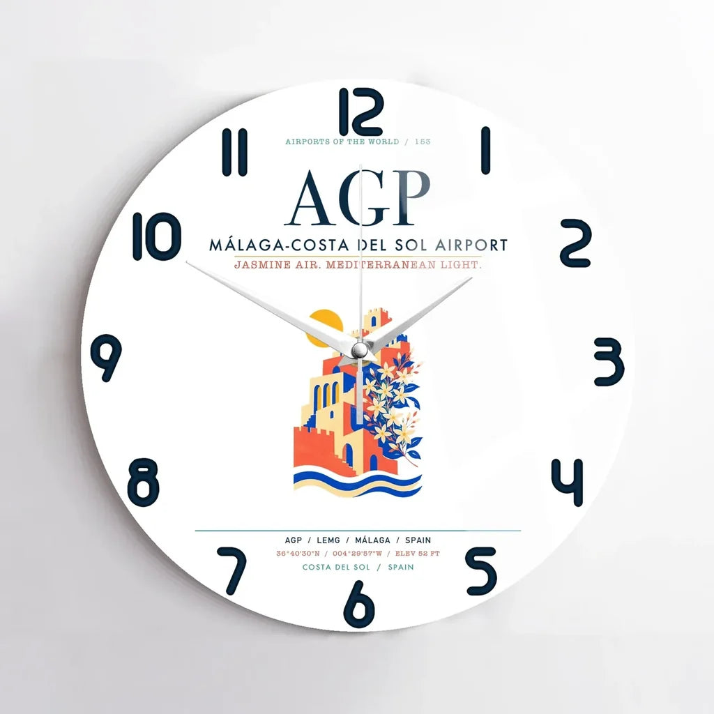 Malaga-Costa del Sol Airport (AGP) design on white no frame wall clock