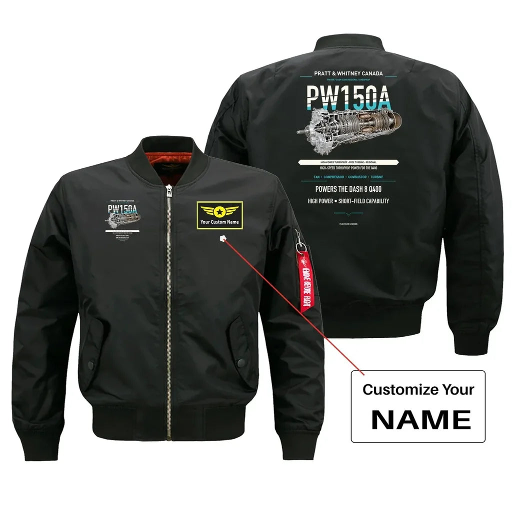 PW150A design on black bomber with custom name badge