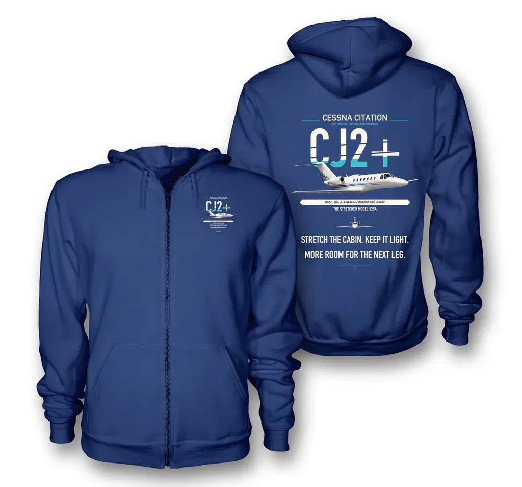 Cessna Citation CJ2+ design on blue premium zipped hoodie, double-side print