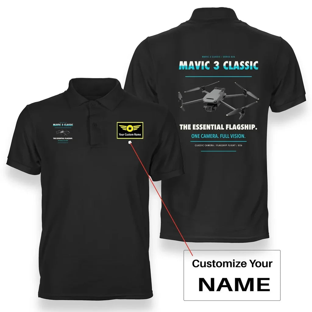 DJI Mavic 3 Classic design on black polo with custom name badge