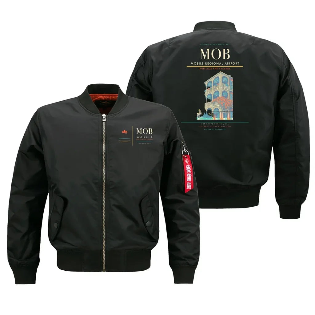Mobile Regional Airport (MOB) design on black bomber jacket