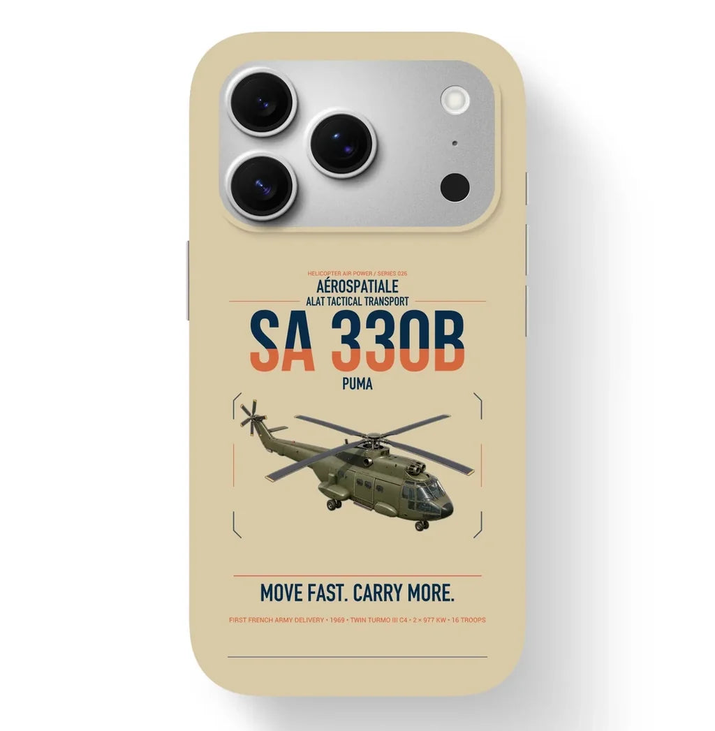 Aérospatiale SA 330B Puma design on beige magsafe iphone case, for iPhone 17 Pro