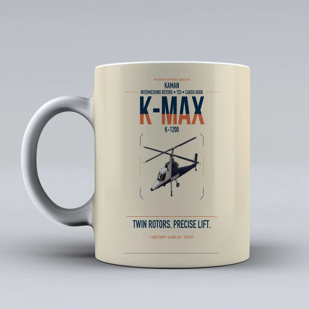 Kaman K-1200 K-MAX design on beige ceramic mug, double-side print