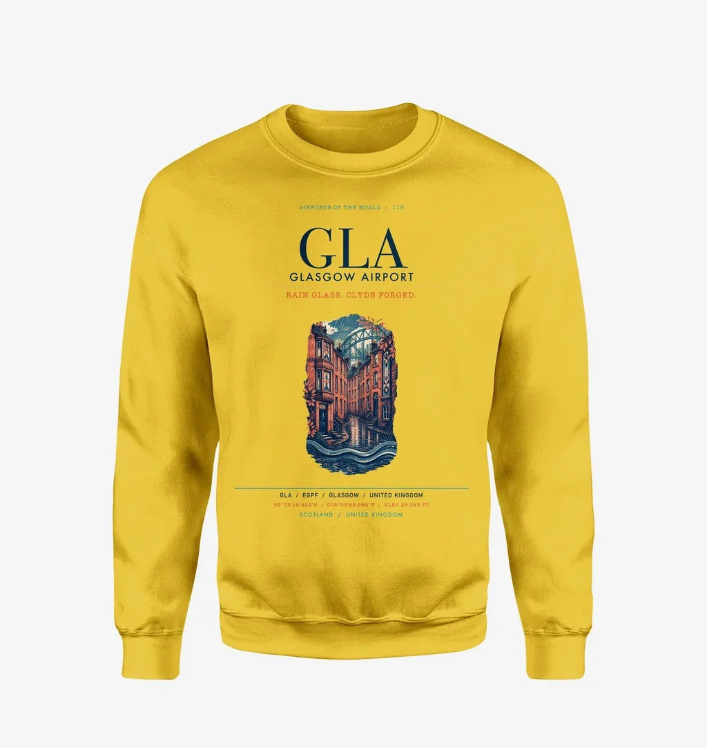 Glasgow Airport (GLA) design on yellow sweatshirt