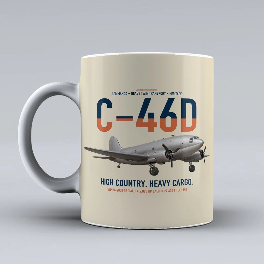 C-46D Commando design on beige ceramic mug, double-side print
