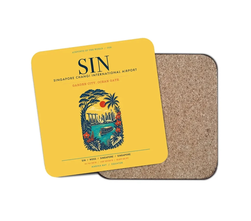 Singapore Changi International Airport (SIN) design on yellow 1 piece coaster