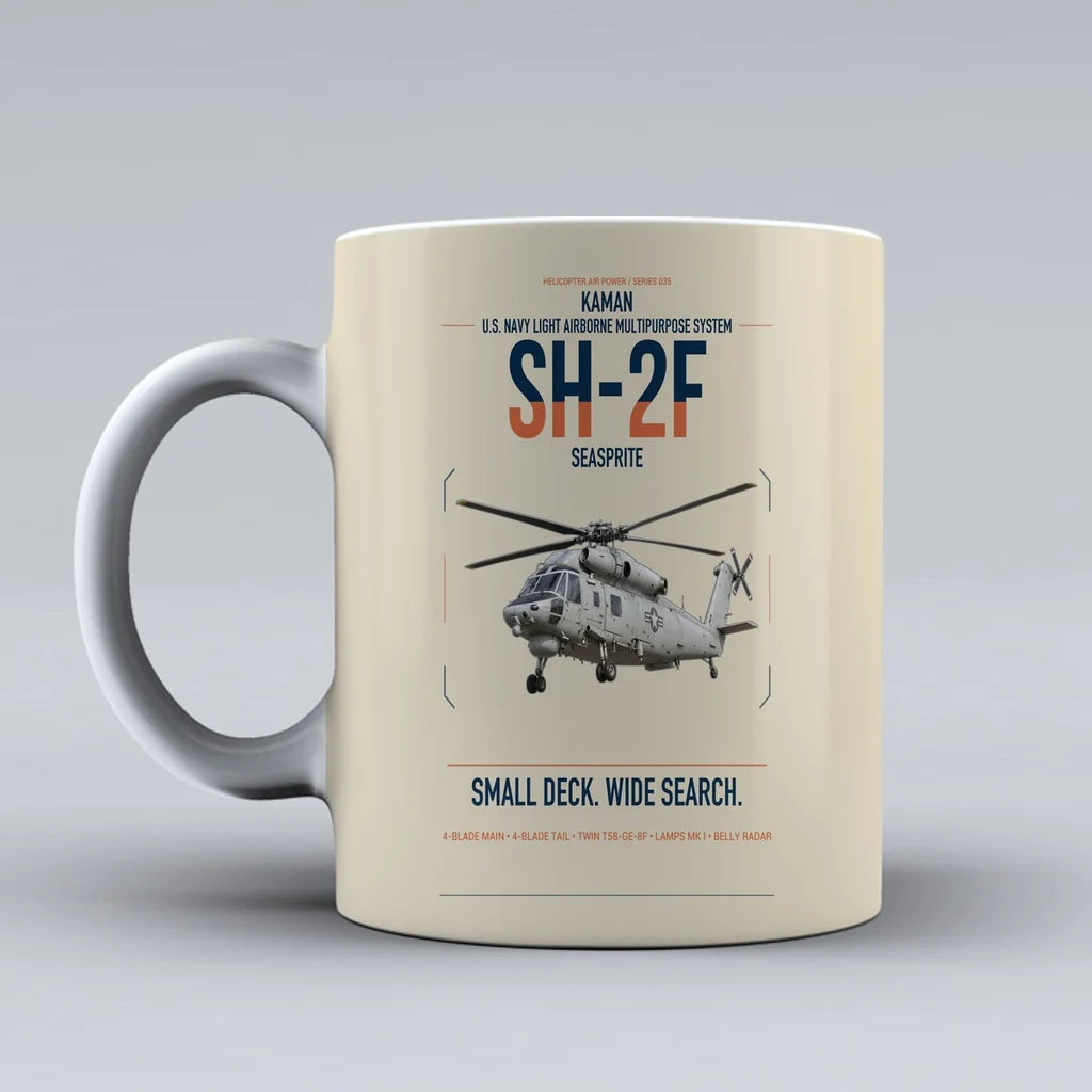Kaman SH-2F Seasprite design on beige ceramic mug, double-side print