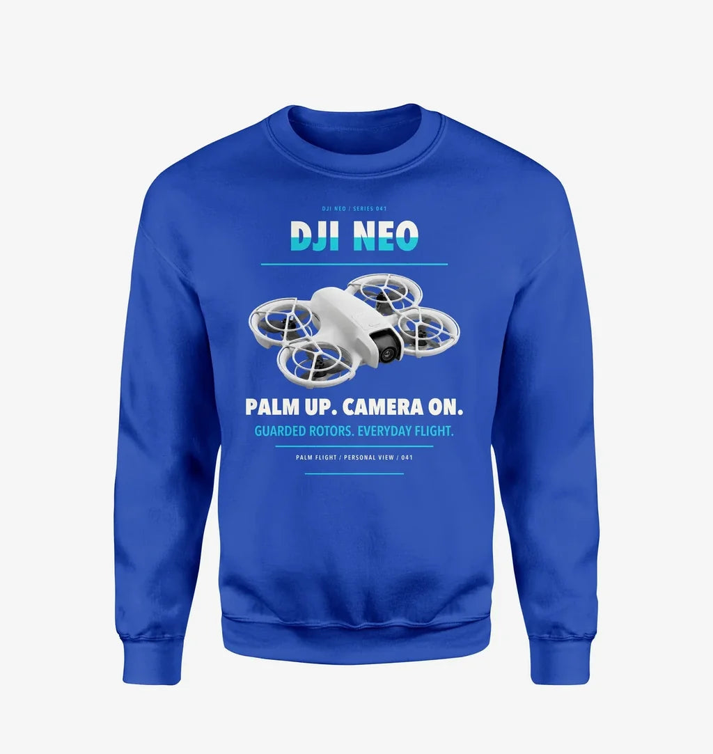 DJI Neo design on blue sweatshirt