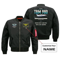 Thumbnail for Daher TBM 980 design on black+name bomber jacket, double-side print