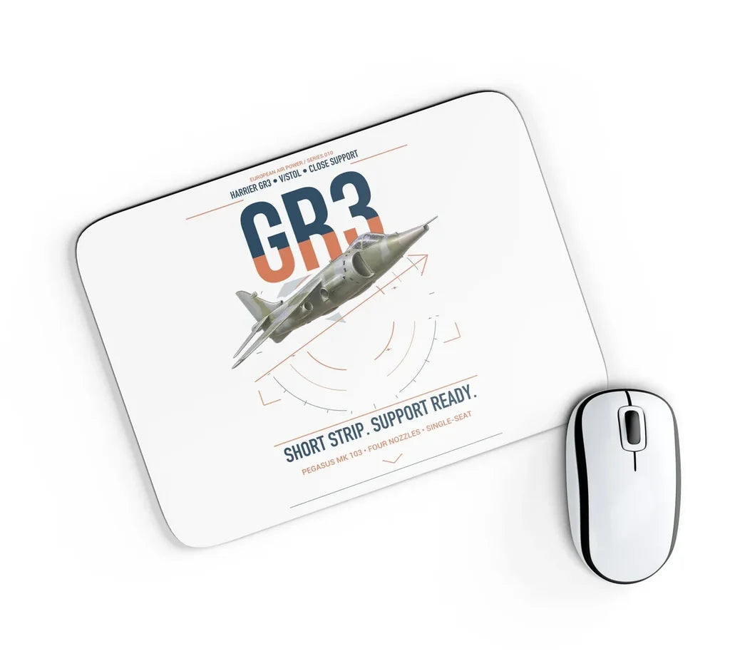 Hawker Siddeley Harrier GR3 design on white rectangle mouse pad