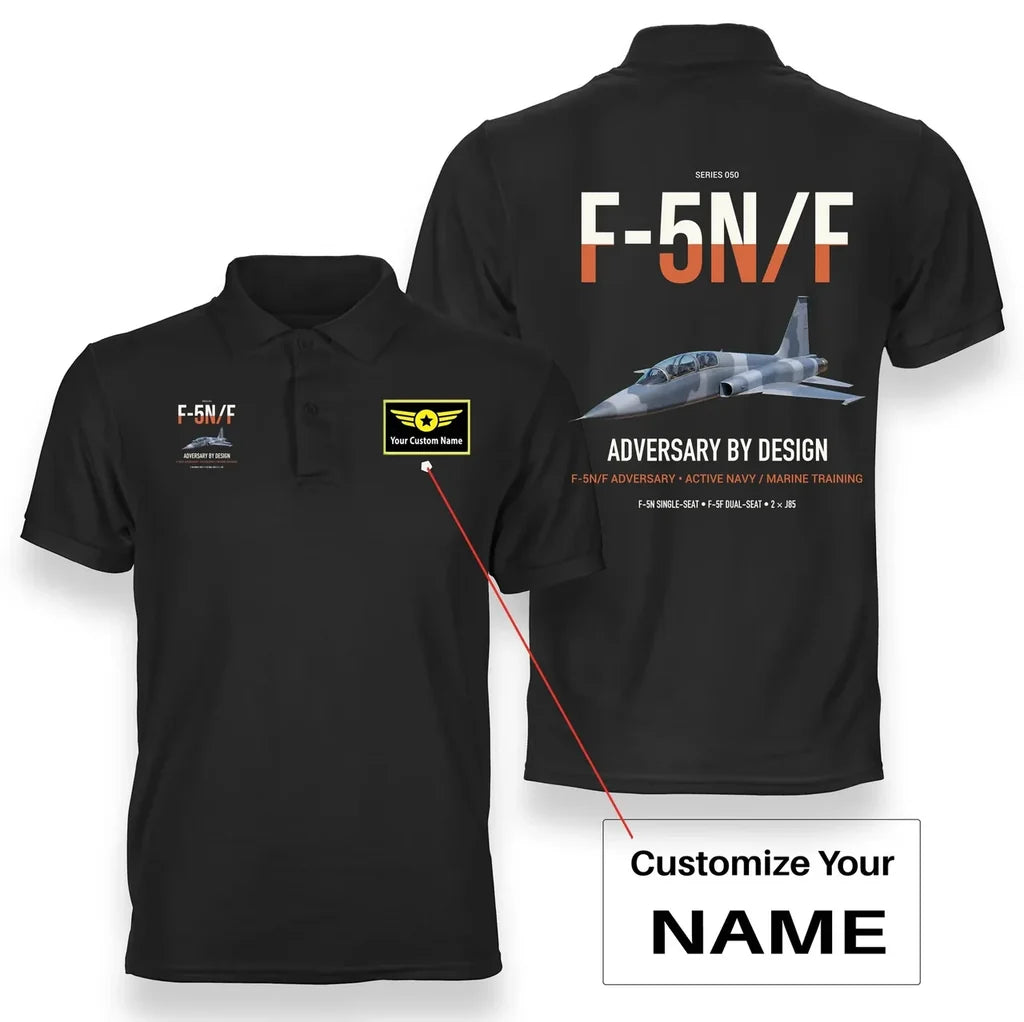 F-5N F Adversary design on black+name double-side polo t-shirt, double-side print