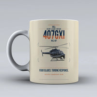 Thumbnail for Bell 407GXi design on beige ceramic mug, double-side print