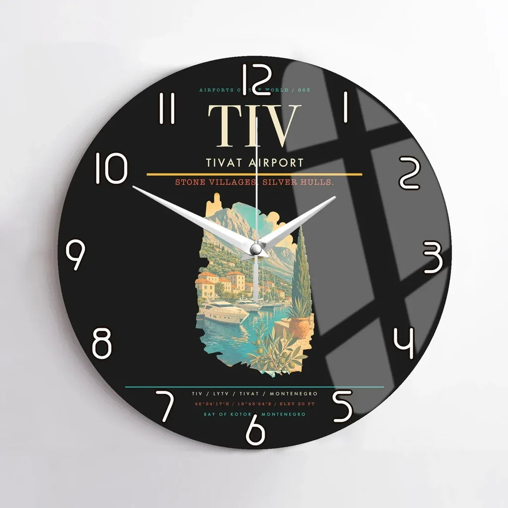 Tivat Airport (TIV) design on black no frame wall clock