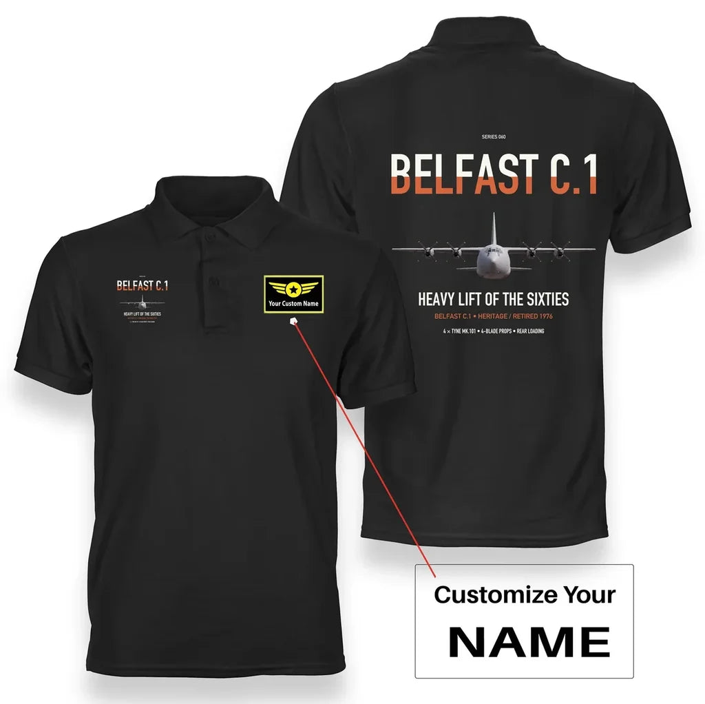 Short Belfast C.1 design on black+name double-side polo t-shirt, double-side print