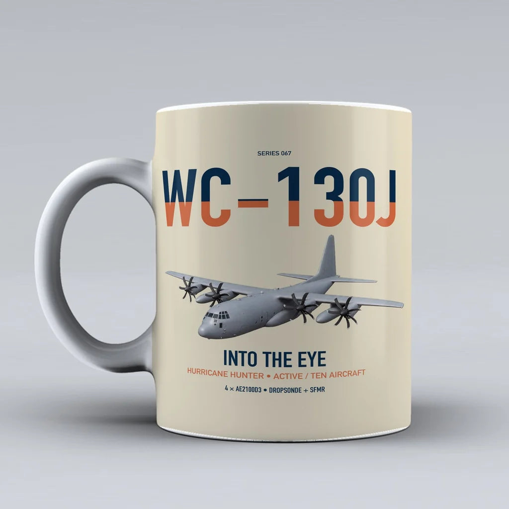 WC-130J Hurricane Hunter design on beige ceramic mug, double-side print