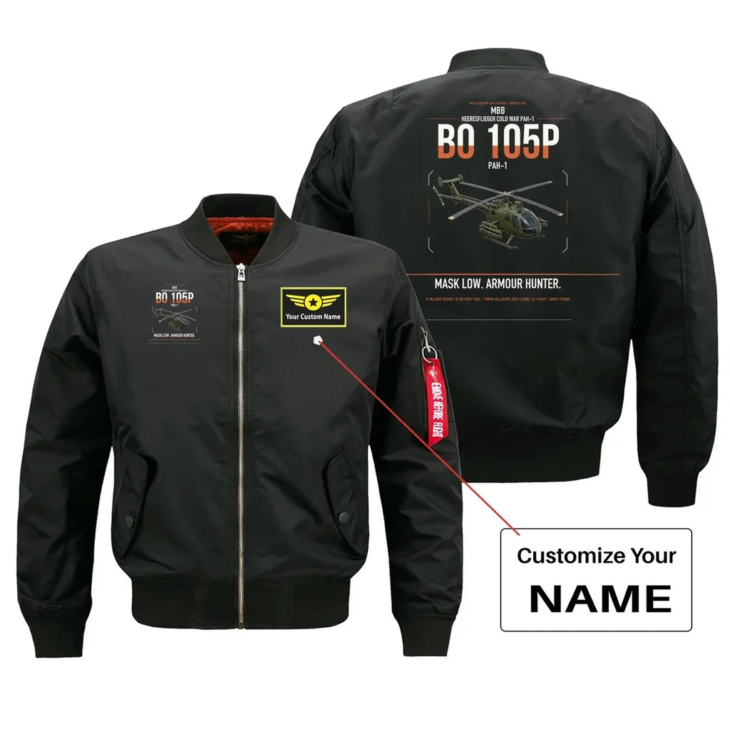 MBB BO 105P PAH-1 design on black+name bomber jacket, double-side print