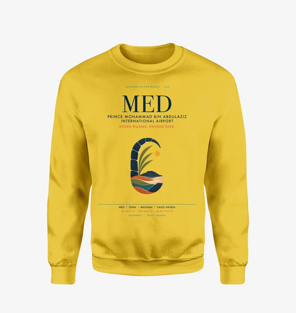 Prince Mohammad Bin Abdulaziz International Airport (MED) design on yellow sweatshirt