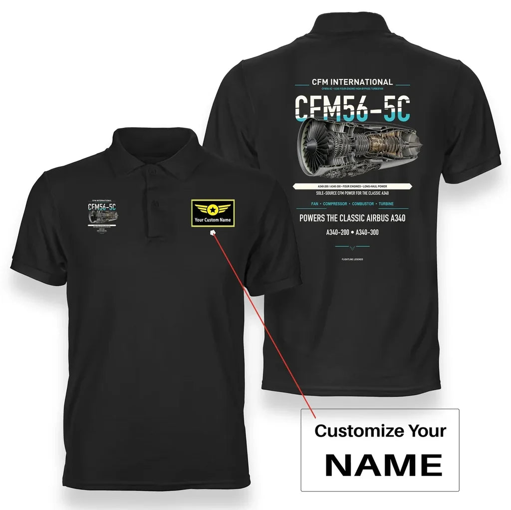 CFM56-5C design on black polo with custom name badge