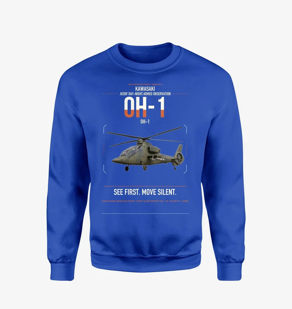Kawasaki OH-1 design on blue sweatshirt