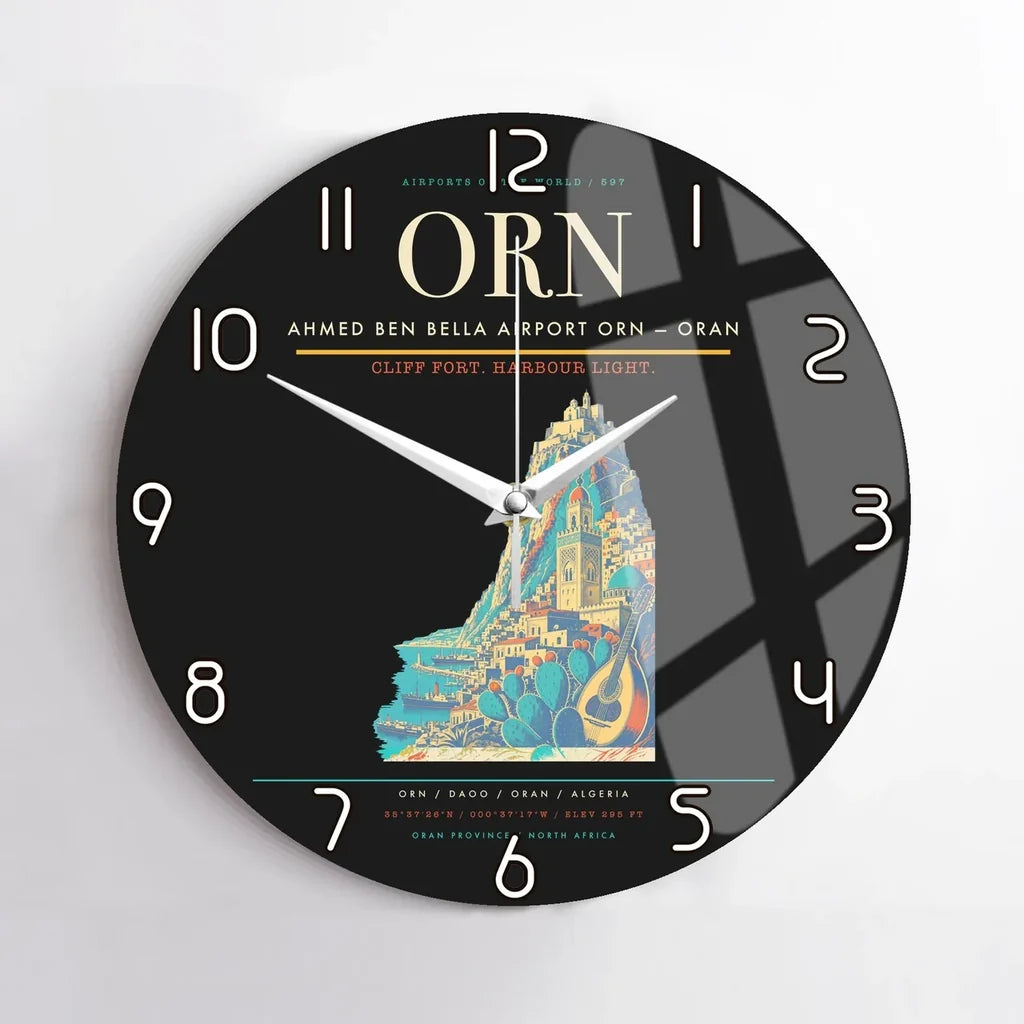 Ahmed Ben Bella Airport (ORN) design on black no frame wall clock