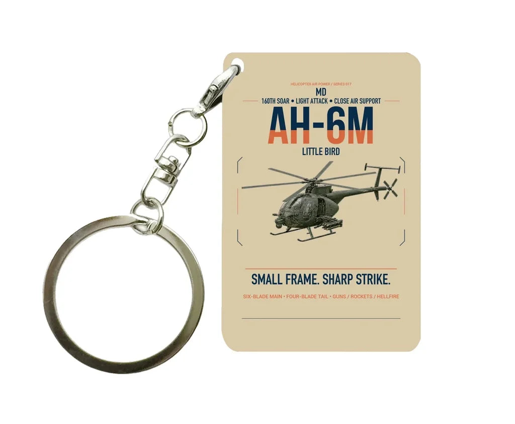MD AH-6M Little Bird design on beige designed key chain, double-side print