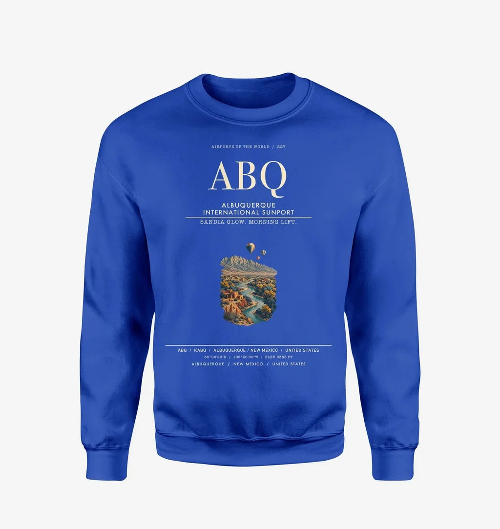 Albuquerque International Sunport (ABQ) design on blue sweatshirt