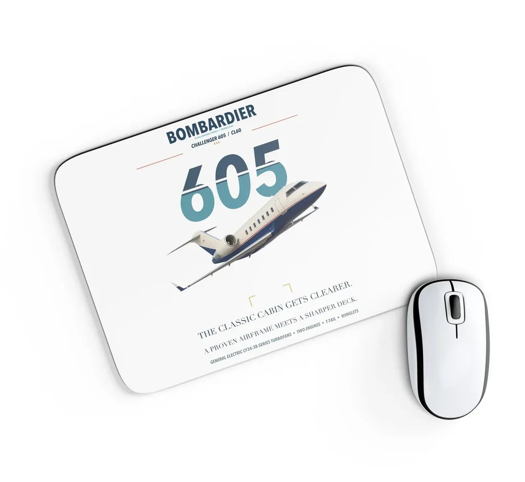 Bombardier Challenger 605 design on white rectangle mouse pad
