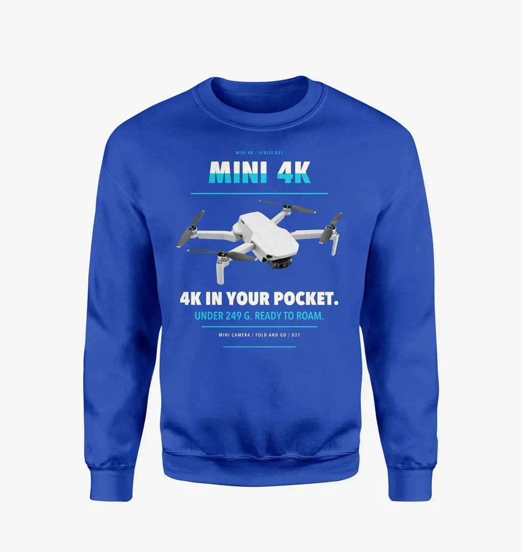 DJI Mini 4K design on blue sweatshirt