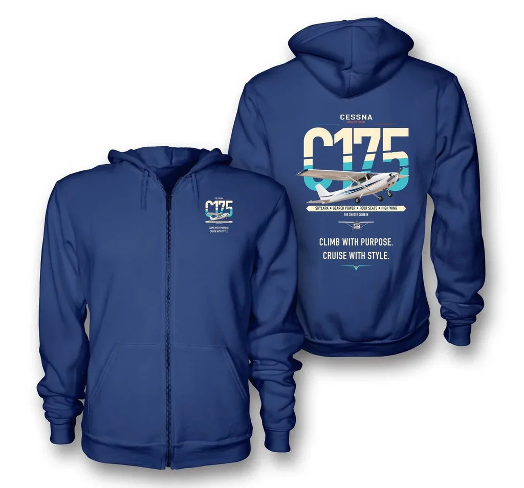 Cessna 175 Skylark design on blue premium zipped hoodie, double-side print