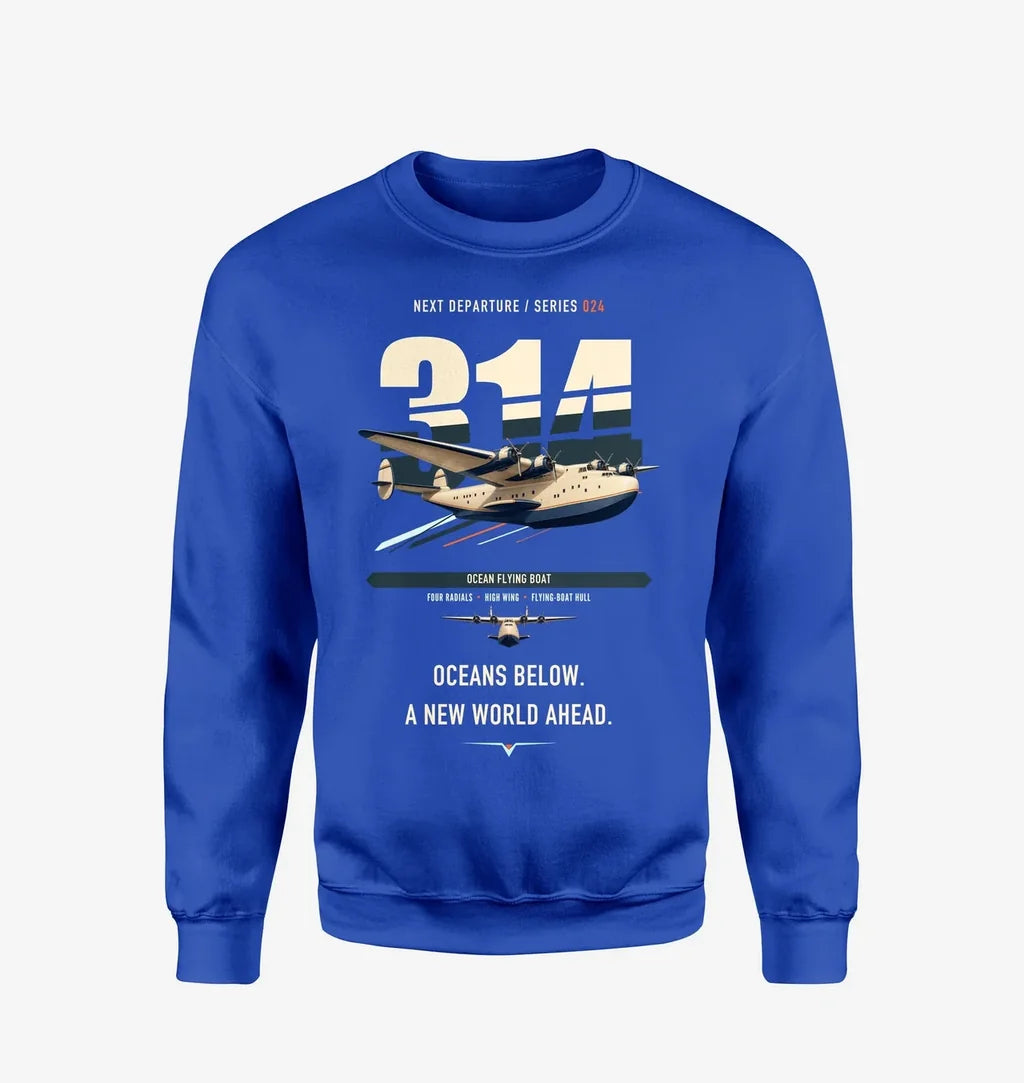 Boeing 314 Clipper design on blue sweatshirt