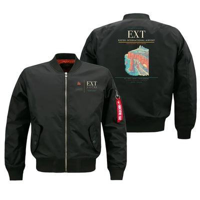 Exeter International Airport (EXT) design on black bomber jacket