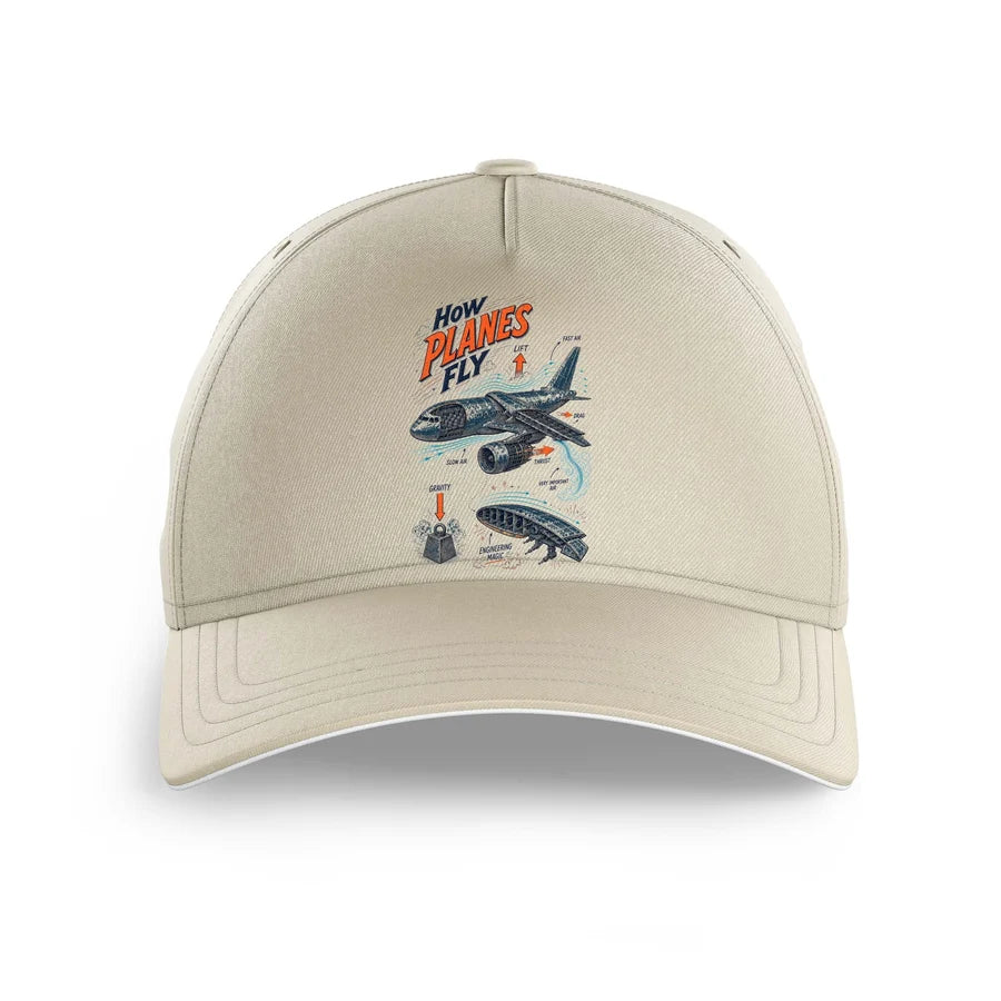 How Planes Fly V2 design on beige printed hat