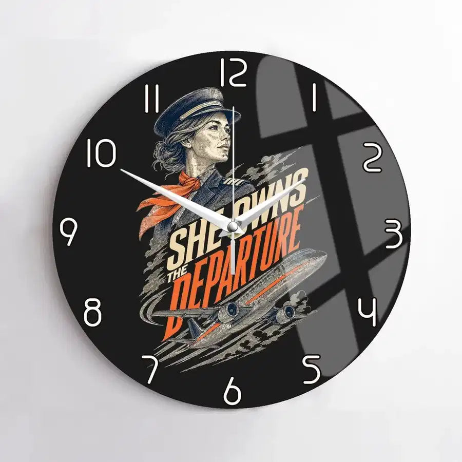 She Owns The Departure design on black no frame wall clock
