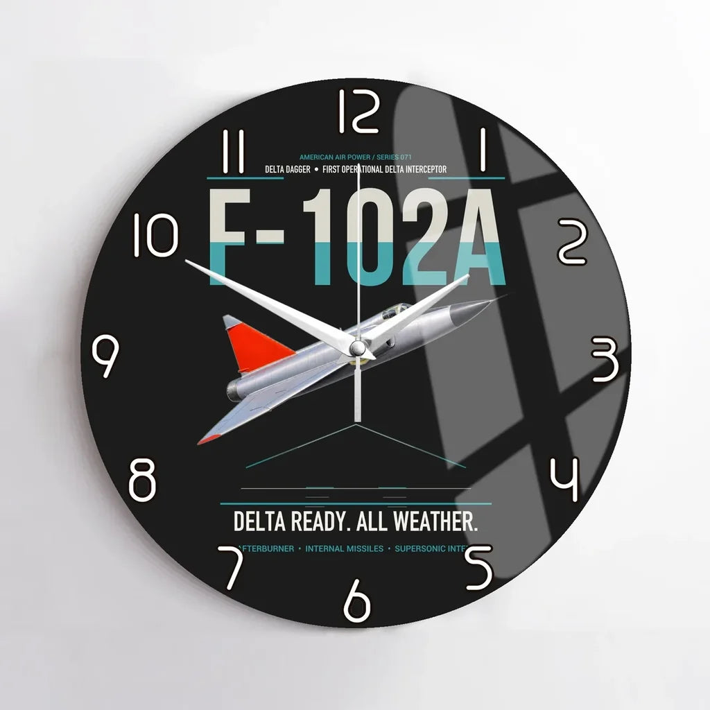 F-102A Delta Dagger design on black no frame wall clock