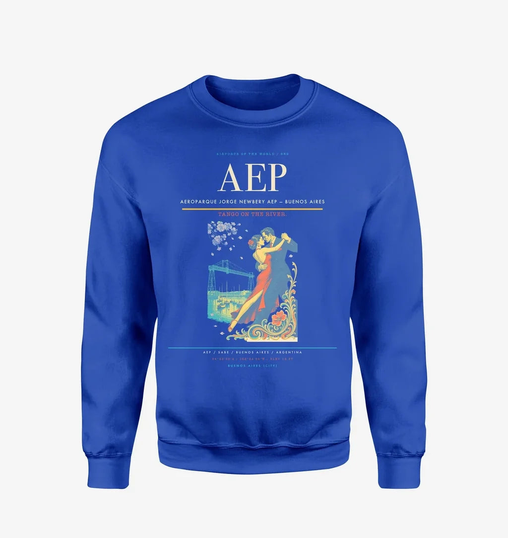 Aeroparque Jorge Newbery (AEP) design on blue sweatshirt