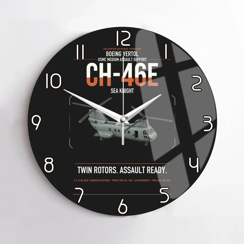 Boeing Vertol CH-46E Sea Knight design on black no frame wall clock