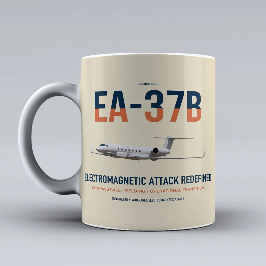 EA-37B Compass Call design on beige ceramic mug, double-side print