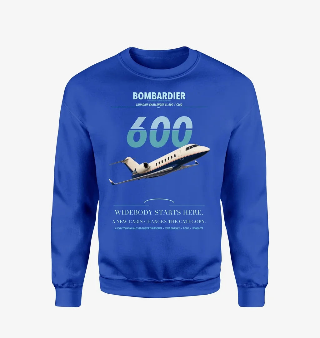 Bombardier Challenger 600 design on blue sweatshirt