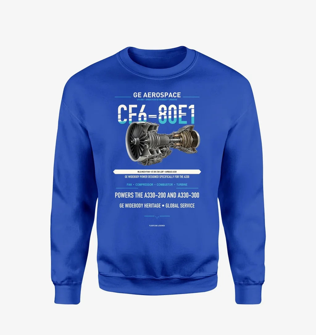 CF6-80E1 design on blue sweatshirt