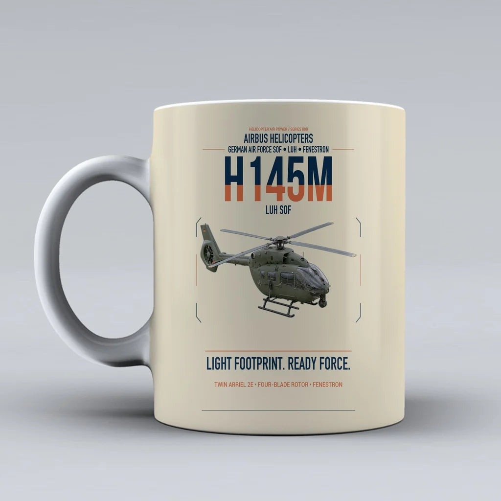 Airbus Helicopters H145M LUH SOF design on beige ceramic mug, double-side print