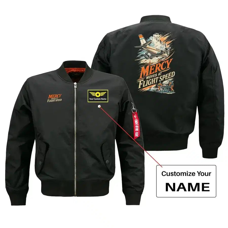 SIGNAL 658 - Mercy Moves At Flight Speed - Bomber Jacket design on black bomber jacket with custom name badge