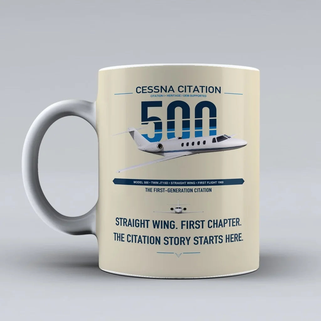 Cessna Citation 500 - Citation I design on beige ceramic mug, double-side print