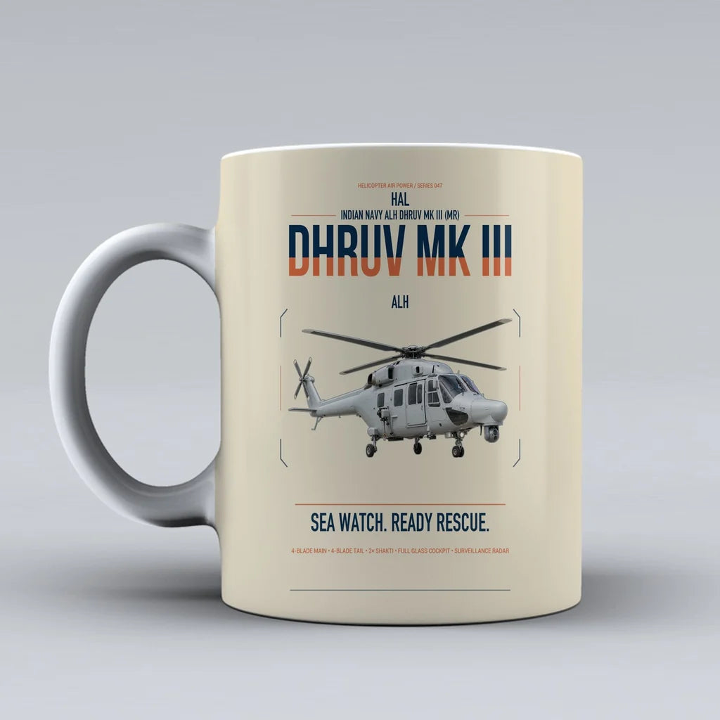 HAL ALH Dhruv Mk III design on beige ceramic mug, double-side print