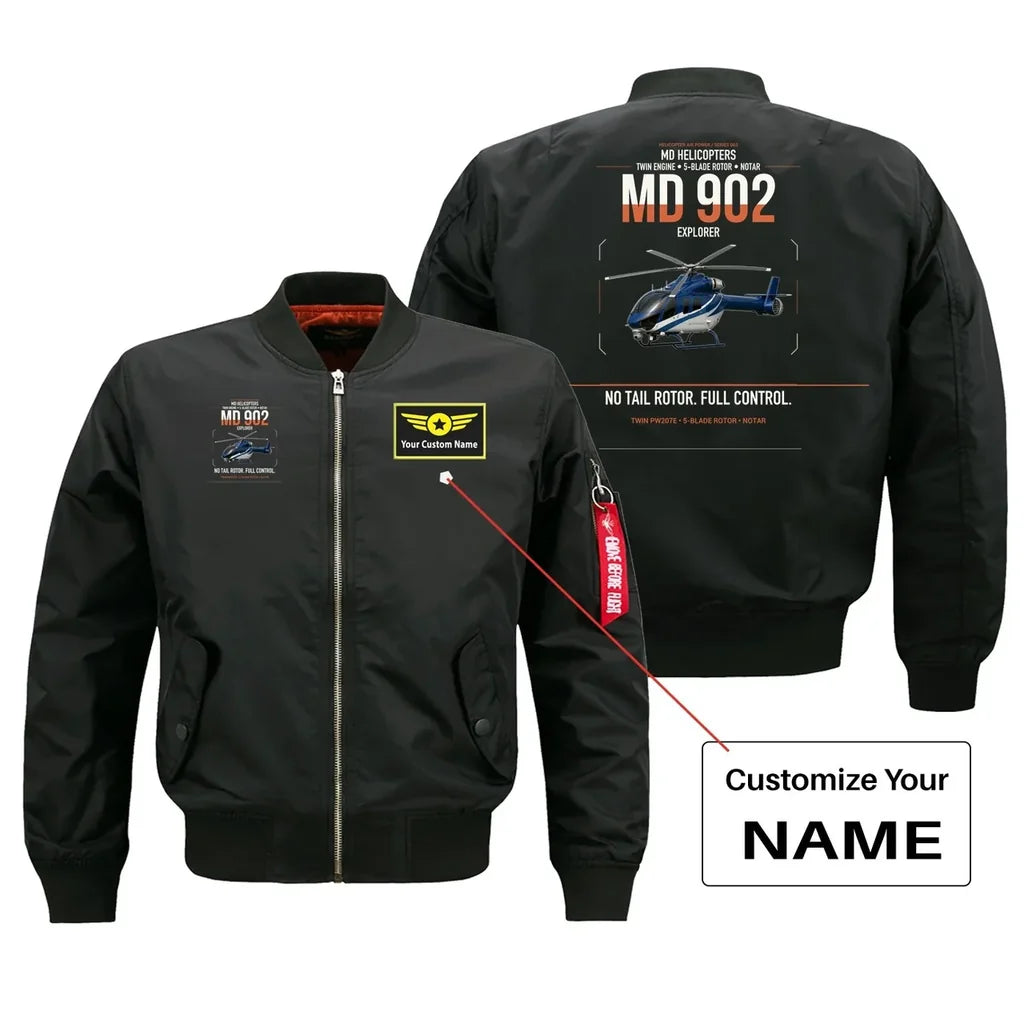MD Helicopters MD 902 Explorer design on black+name bomber jacket, double-side print