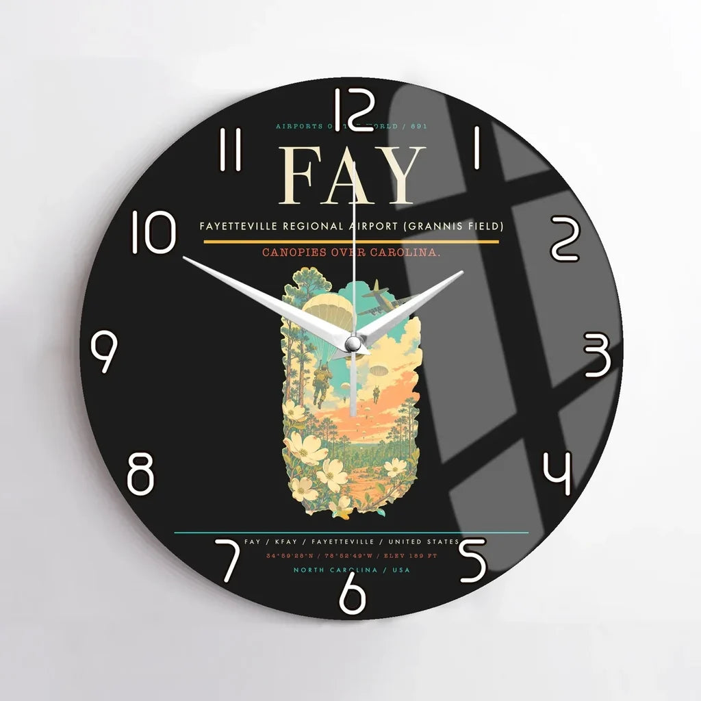 Fayetteville Regional Airport (Grannis Field) (FAY) design on black no frame wall clock